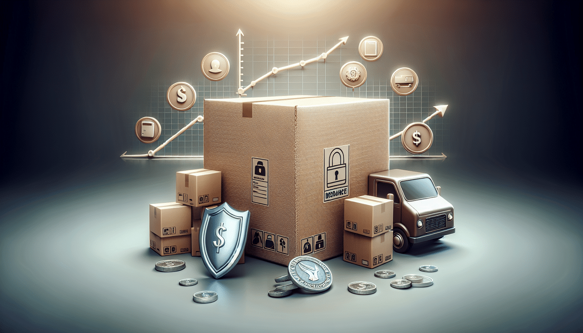 A large cardboard box with a lock symbol sits among smaller boxes and a delivery truck. Surrounding icons depict financial and data security symbols, with a shield and clock indicating UPS Insurance and efficiency in logistics, safeguarding your $2,000 shipment in commerce.