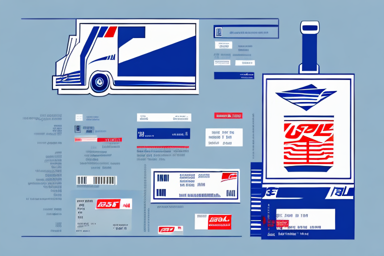 An illustration featuring stylized graphics inspired by USPS shipping labels and a delivery truck on a blue background. The design includes various barcodes, text elements, and abstract symbols in red, white, and blue, subtly alluding to the concept of flat rate insurance.