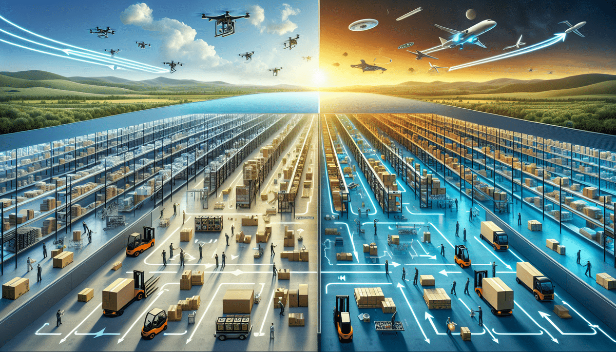 Futuristic warehouse scene highlighting the contrast between current manual operations and future automated systems. The left side depicts forward logistics with people and forklifts managing boxes, while the right showcases drones and robots efficiently handling reverse logistics as planes soar overhead.