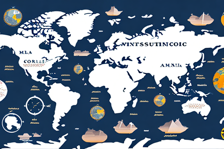 Artistic world map with stylized continents labeled with nonsensical text on a dark blue background. Various decorative elements, including clocks showing different UPS global time zones, globes, sailboats, and mountains, are scattered across the map.