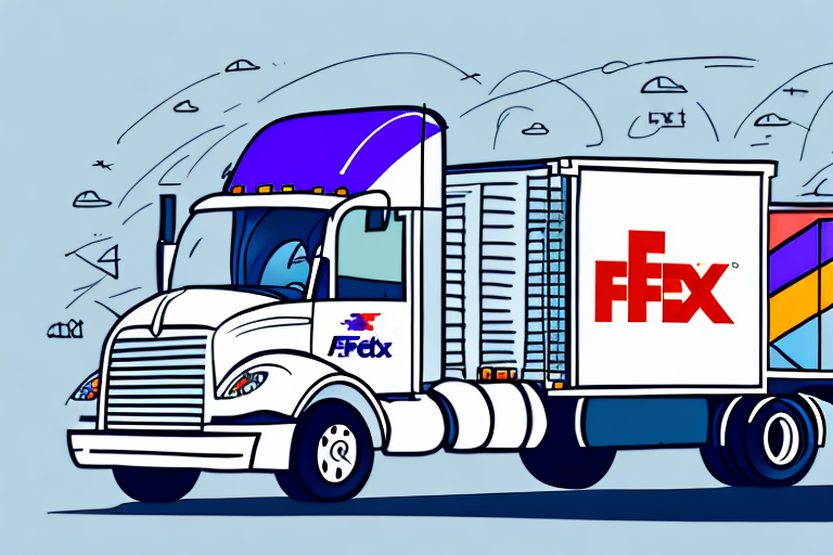 Illustration of a white and purple semi-truck with FFEX logo on the trailer, capturing FedExs high service levels. The truck speeds forward, its motion highlighted by curved lines and clouds of dust against a clear blue sky.