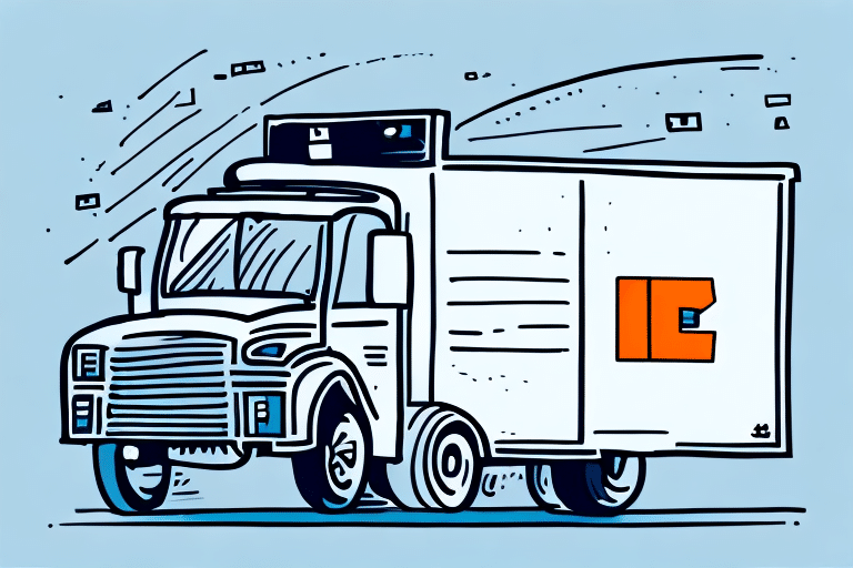 Illustration of a delivery truck with a large rectangular container on the back, featuring an orange square and white background. The truck, representing FedEx C.O.D., is set against a light blue backdrop with line accents suggesting motion.