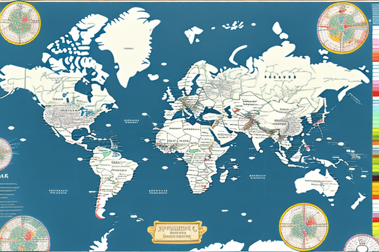 A vintage-style world map with country borders outlined invites understanding of our world’s history. Against its blue background, four compass roses grace the corners. Historical annotations and detailed markings span the continents, offering a journey through time’s many layers.