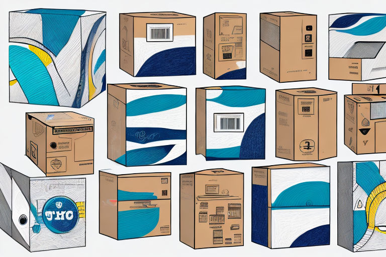 Illustration of various UPS Flat Rate Boxes in different sizes with abstract designs in blue, white, and gray hues. Some boxes feature barcodes and icons. The arrangement highlights understanding of angles and sides, showcasing their versatility.