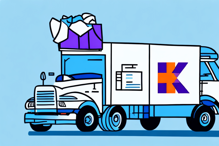 A vibrant illustration features a delivery truck adorned with a bold letter K, symbolizing swift service. Its loaded with boxes and a striking purple gift, cruising against a light blue backdrop. Perhaps its en route to cover that FedEx Third Party Billing Fee surprise for you!.