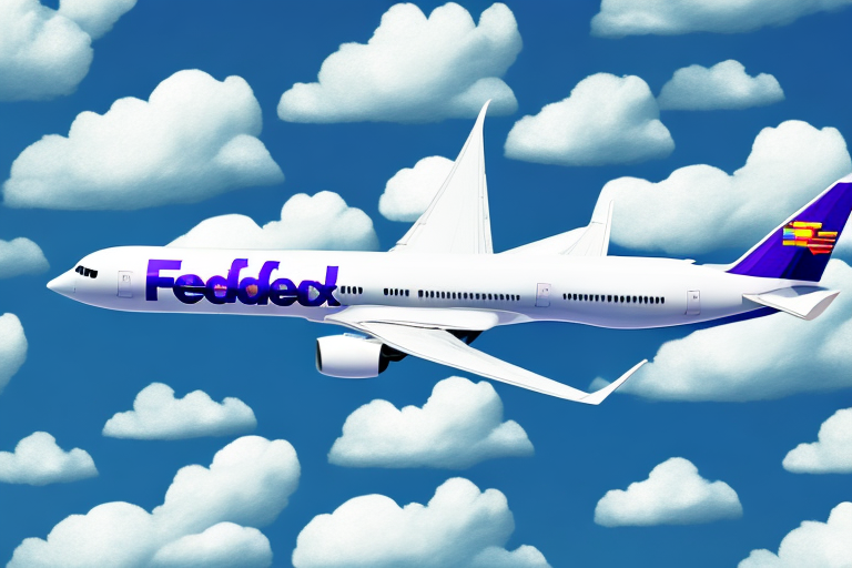 Illustration of an airplane with FedEx branding flying through a clear sky filled with fluffy white clouds. The planes tail features colorful stripes, echoing the impressive FedEx pilot salary that sets industry standards.