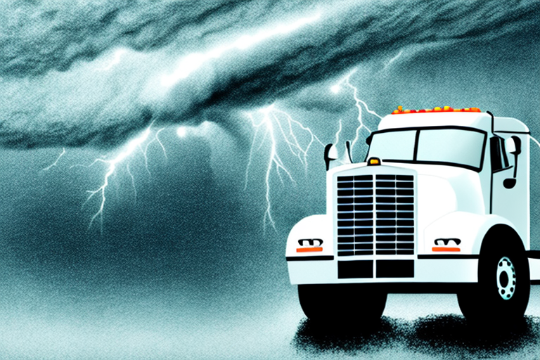 A white semi-truck, loaded with FedEx shipments, is parked under a dramatic sky filled with dark clouds and lightning. The scene conveys a sense of tension and impending stormy weather that could impact delivery times due to potential weather delays.