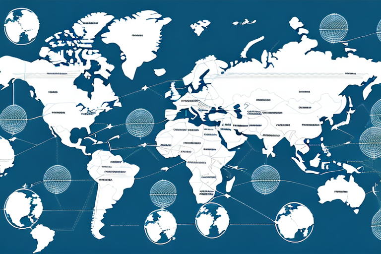 Illustration of a world map showing continents in white on a blue background. Multiple small globe icons with network lines connect various points, emphasizing the geographical scope of global connections vital for understanding supply chain management.