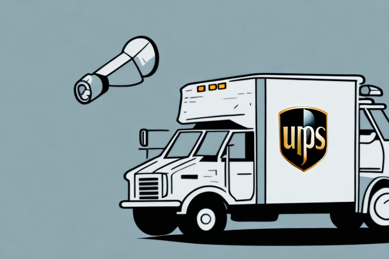 Illustration of a delivery truck with a UPS logo, symbolizing maximum coverage through UPS Insurance. A large trumpet or music horn floats nearby against a gray background. The truck features prominent headlights and a detailed front, conveying security and understanding in delivery services.