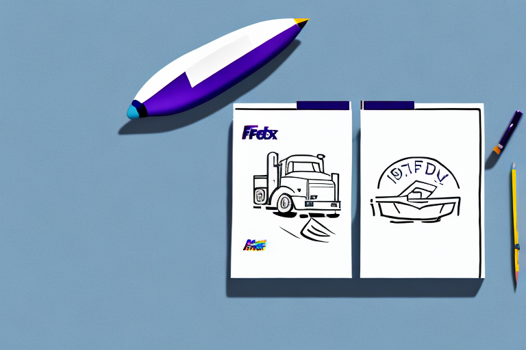 A desk displays two drawings on sheets of paper. The left drawing features a truck labeled FedEx Delivery, while the right shows a plane with 197. FDX on a circular background. Nearby are a large USB stick and a pencil, essentials often found in workplaces utilizing FedEx services.