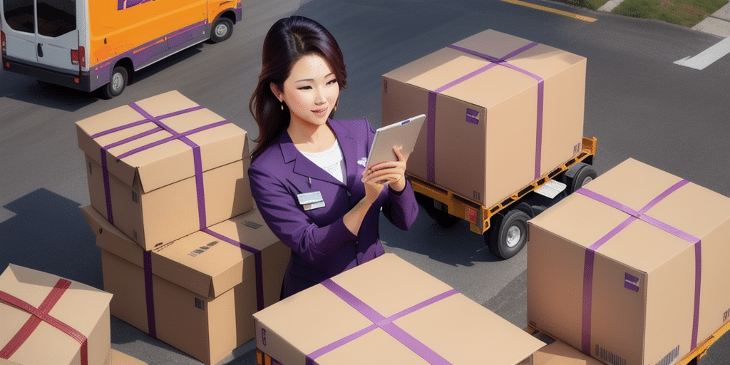 A woman in a purple suit stands among large stacked parcels on a street, utilizing FedEx Ship Manager on her tablet to organize deliveries with precision. A delivery truck is visible in the background, illustrating her deep understanding of logistics and terms of sale.