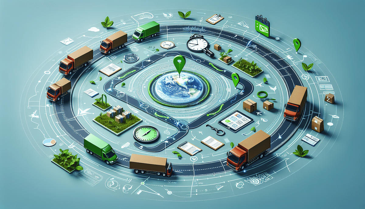 A digital illustration of a global supply chain concept. Trucks, featuring UPS SurePost logos, circle a central Earth image atop a smartphone. Surrounding elements include shipping boxes, clocks indicating delivery time frames, and GPS markers, symbolizing logistics and connectivity.