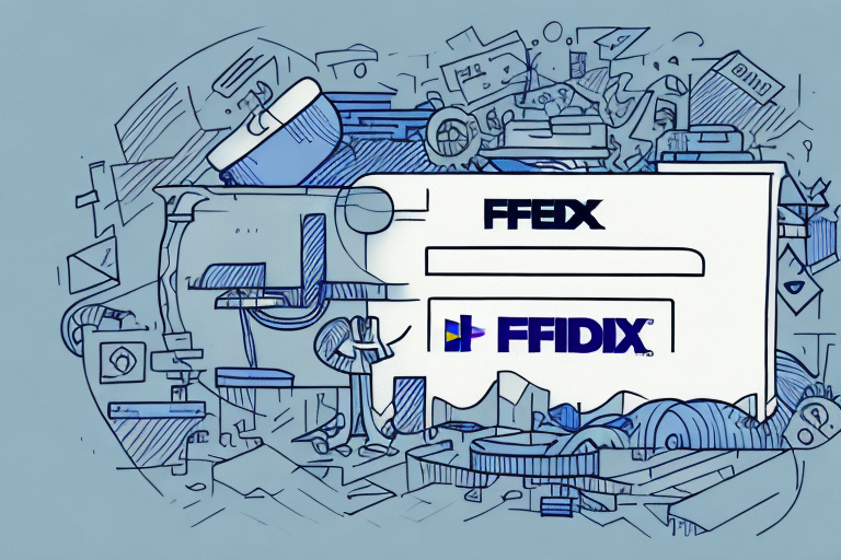 Abstract illustration of a stylized FedEx logo. It’s surrounded by sketched elements like gears, rulers, and architectural tools, suggesting the understanding of design and construction. The color scheme remains primarily blue and white.