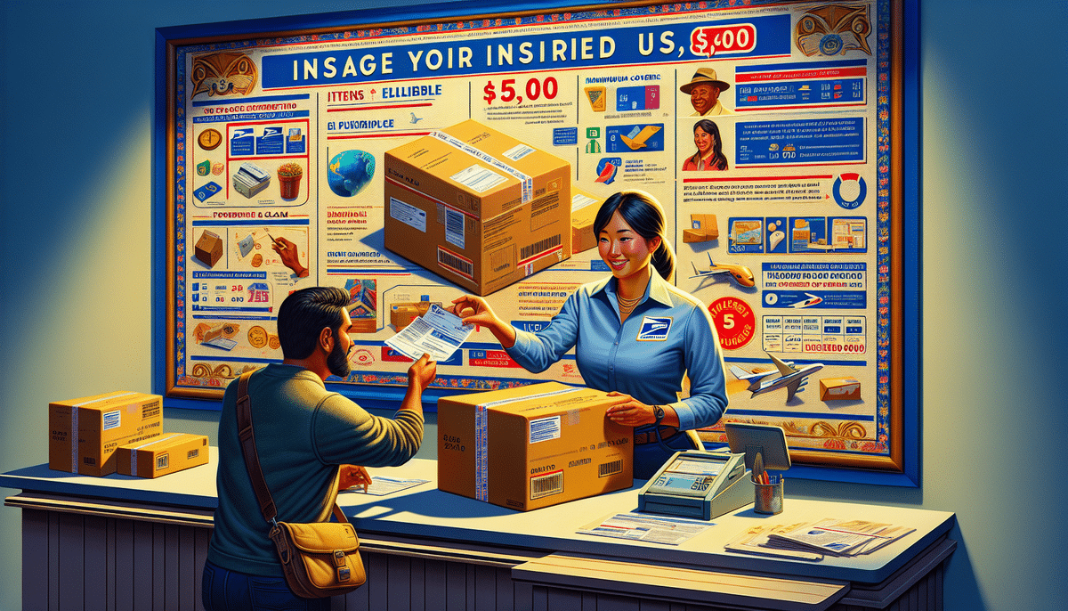 A man at a postal counter hands a package to a female postal worker. Behind them, a large, colorful poster details USPS insurance options and limits. They are surrounded by boxes and shipping supplies on the counter.
