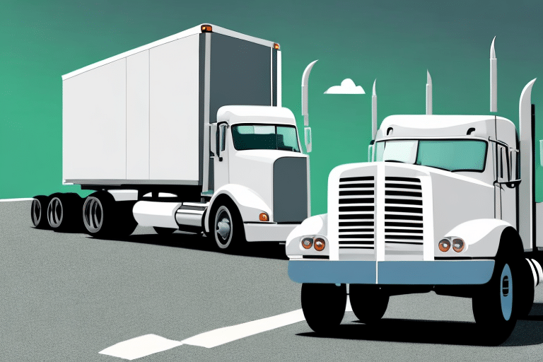 Illustration of two white semi-trucks on a road under a clear sky. One truck, a proud symbol for CDL drivers, faces the viewer, while the other is in the background, angled to the left. Both trucks boast large front grilles and multiple exhaust stacks.