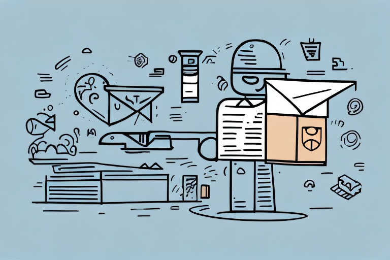 Illustration of a mail carrier holding a package with various postal icons, like envelopes and letters, in the background. The simple lines and shapes on a light blue background subtly hint at UPS Additional Handling Charges, merging logistics with artistry.