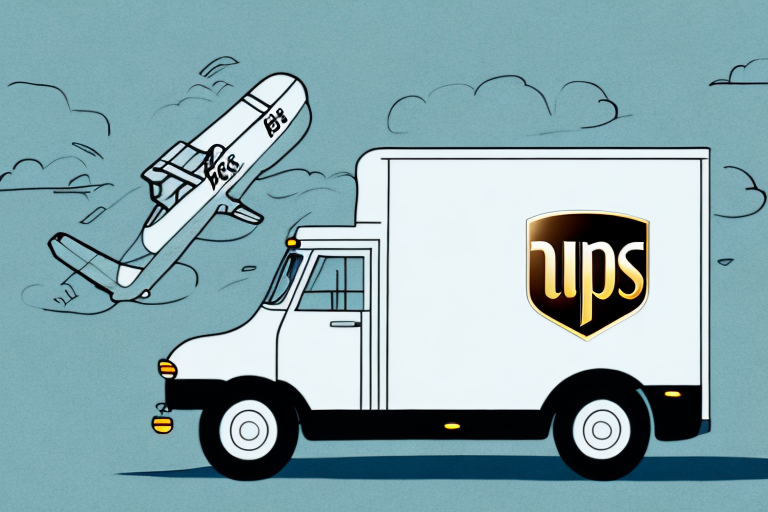 A cartoon-style image of a white delivery van with a black and gold logo resembling ups on the side. Above, a small airplane, also sporting the logo, flies against clouds. The scene is set on a teal background, hinting at the efficiency and speed of UPS shipping for all your needs.