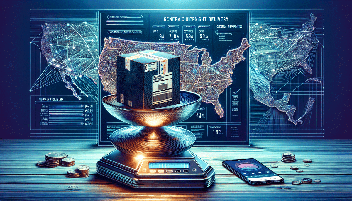 A digital illustration depicting a package on a scale surrounded by coins, a smartphone, and screens displaying maps and delivery data. The scene suggests modern logistics, overnight delivery across the United States, and UPS shipping rates for first-class service.