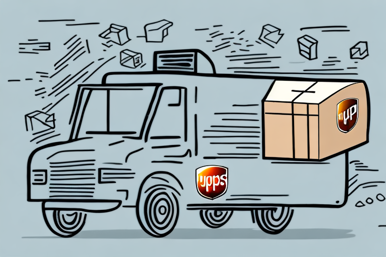 Illustration of a delivery truck with the logo ypps on the side, zooming swiftly. Surrounded by floating cardboard boxes, it suggests a quick delivery service akin to UPS efficiency. The background is light blue with simple line art details, reinforcing reliable service similar to UPS insurance.