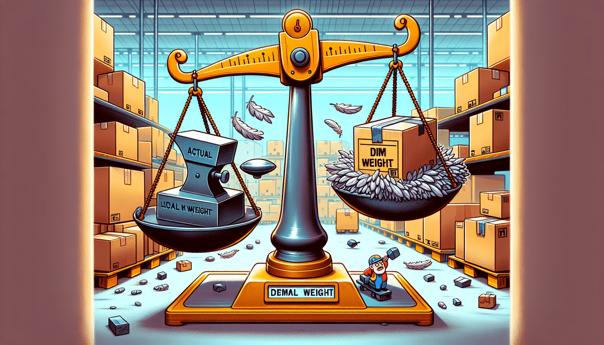 Illustration of a balance scale in a warehouse filled with boxes. One side holds an anvil labeled Actual Local Weight; the other, labeled Dim Weight with feathers, is upheld by a small worker. This captures what you need to know about understanding UPS Dimensional Weight nuances.