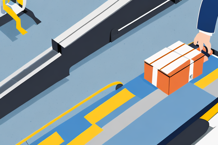 A person in a suit pulls a small wheeled suitcase along a baggage claim conveyor belt, quietly pondering shipping rates. The conveyor features stripes in blue, gray, and yellow. The scene captures the essence of logistics and UPS Mail Innovations from the hand down.