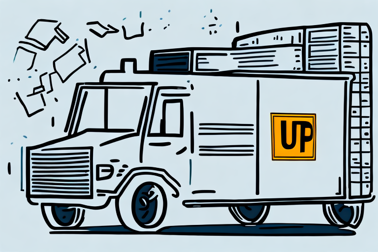 Illustration of a delivery truck with a large box on top, labeled UP. Papers are flying from the back, hinting at efficient UPS Media Shipping. The truck boasts a stylized, sketch-like design against a light blue background.