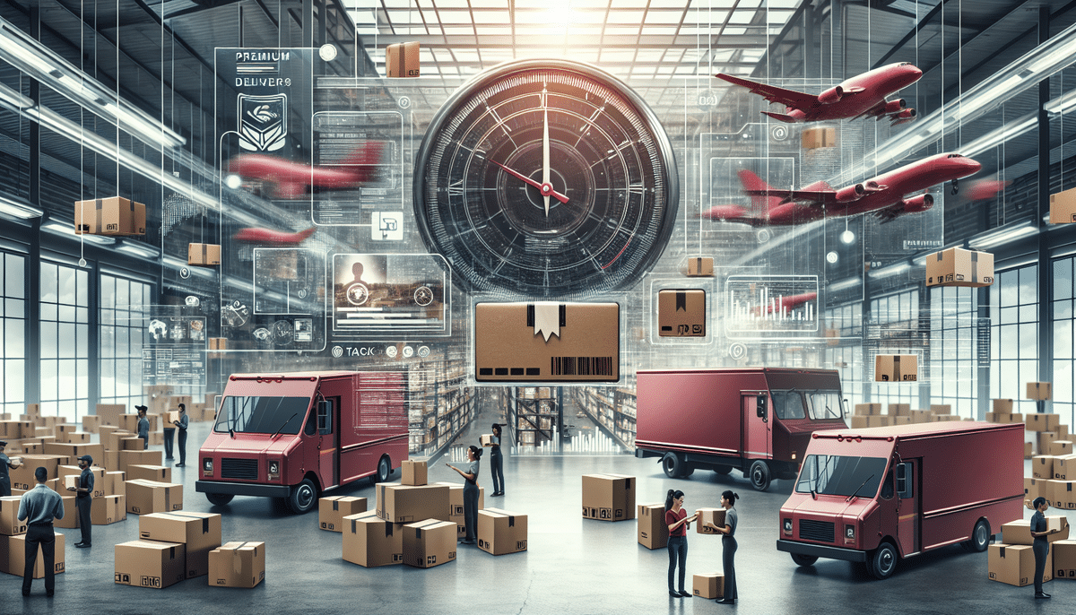 A futuristic warehouse showcases red UPS delivery trucks, flying drones, and floating cardboard boxes. A large clock and digital icons highlight efficiency in package logistics. Understanding and speed are key as people in work attire navigate through the space.