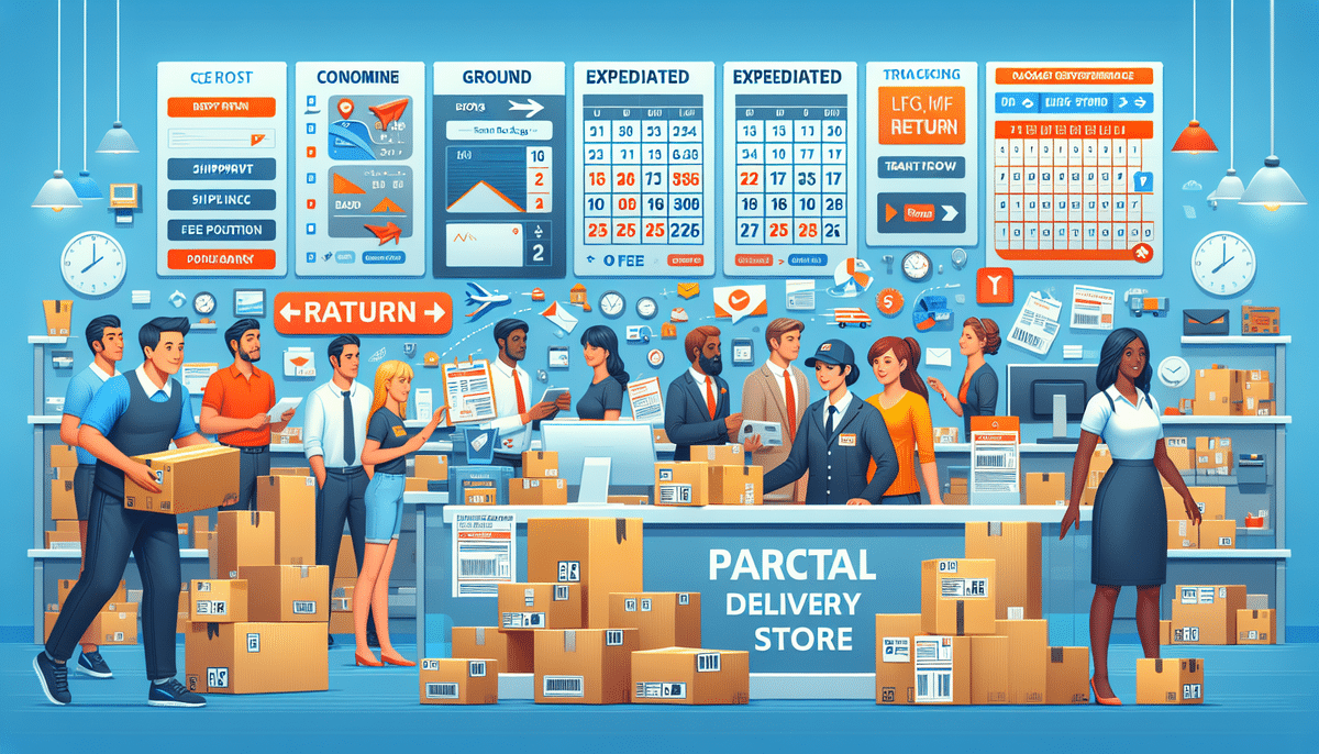 The illustration captures the bustling scene of a parcel delivery store, reminiscent of a comprehensive guide to UPS returns. Diverse staff and customers navigate around stacks of boxes by the long counter, where calendars and tracking details are displayed. Customers review packages in a bright, organized atmosphere.