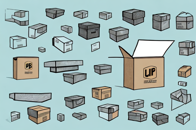 A variety of differently sized and shaped open and closed cardboard boxes are spread across a light blue background, offering an understanding of box size. Some have labels and designs, while others are plain. The boxes are depicted in a hand-drawn, sketchy style.