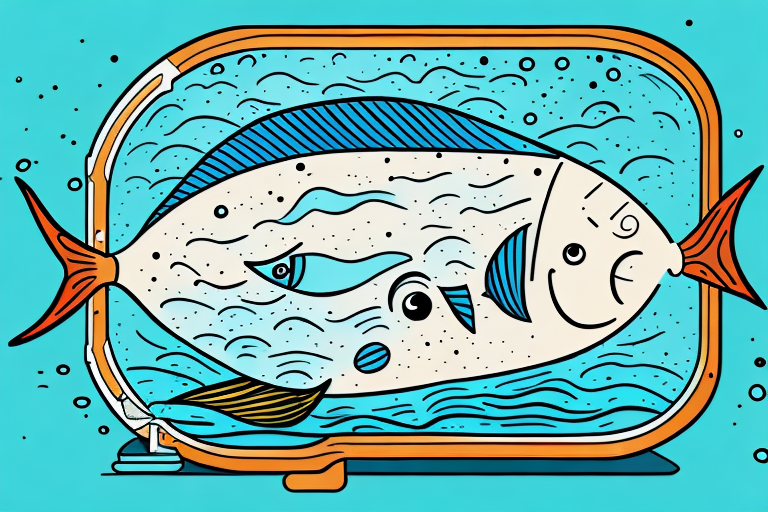 The illustrated live fish in an aquarium features blue and orange accents. Against a teal background, the fish is decorated with playful patterns and wavy lines, creating a whimsical and lively atmosphere that inspires a deeper understanding of underwater beauty.