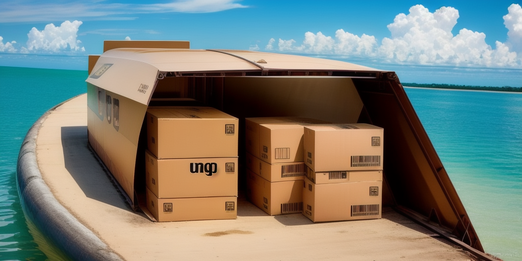 A large shipping container floats on the calm turquoise waters near Belize under a bright blue sky. The container is open, revealing several stacked cardboard boxes inside, perhaps awaiting assessment with UPS Shipping Rates.