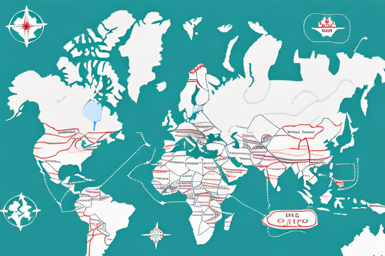 A stylized world map with a teal background displays continents in white. Red lines and dots indicate shipping routes and paths from the US to Canada, marked with UPS shipping rates. Decorative compasses adorn the corners, while unique symbols highlight certain regions.