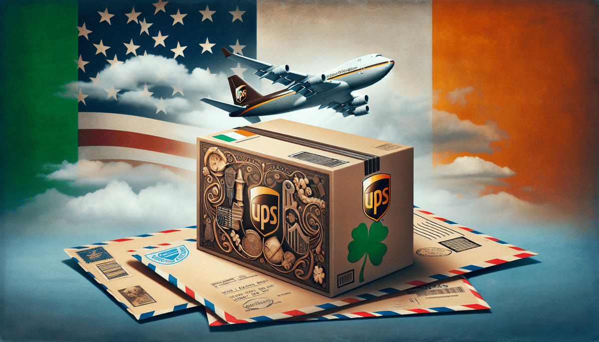 A UPS package with a shamrock and ornate design sits on airmail envelopes. In the background, an airplane flies between the US and Irish flags, highlighting US to Ireland shipping. Explore competitive UPS shipping rates for seamless international delivery.
