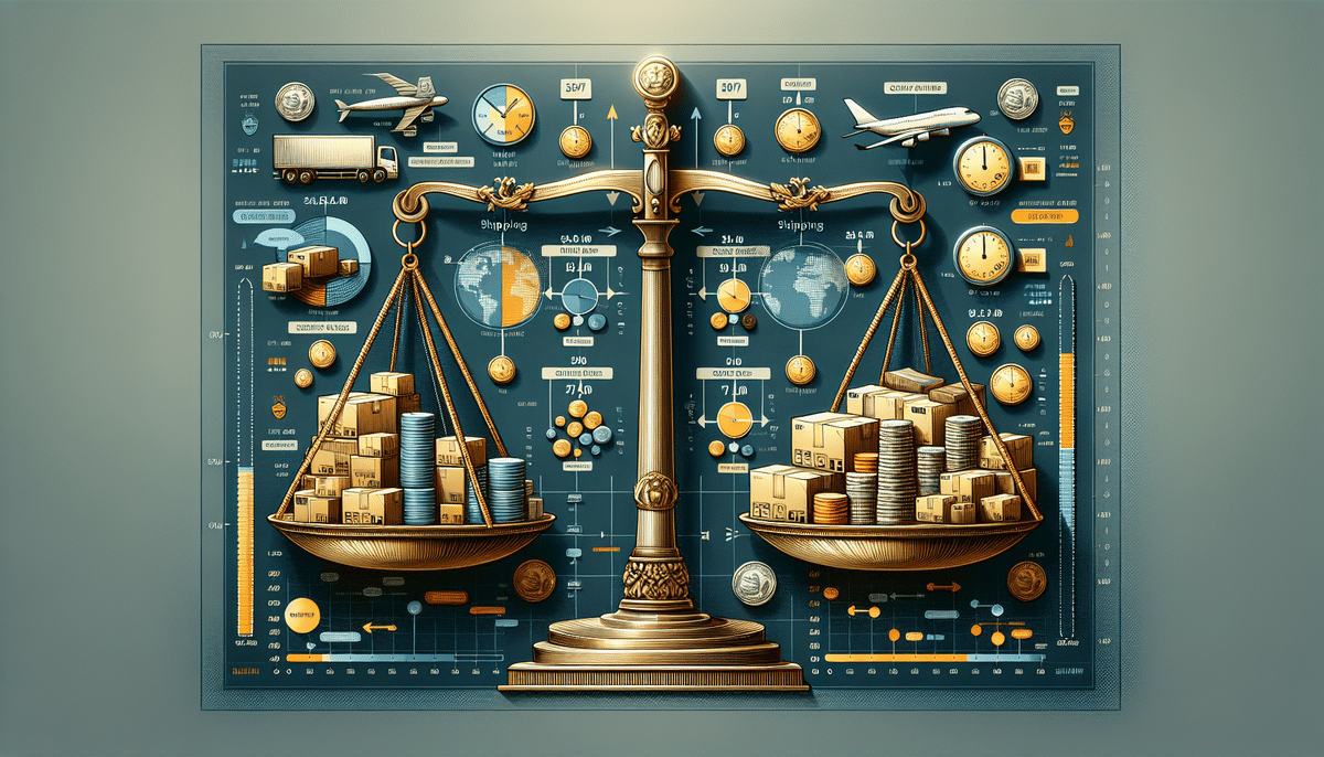 A detailed illustration of a balanced scale with boxes on one side and stacks of coins on the other, signifying weight distribution in shipping. The background features charts, graphs, clocks, and globes, symbolizing the impact of global trade and UPS shipping rates on economics.