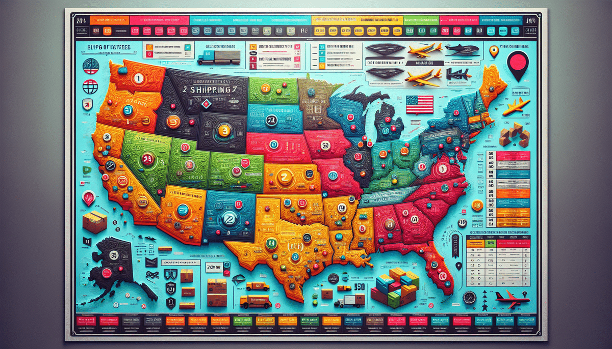 A colorful infographic map of the United States detailing logistics and shipping routes, featuring UPS Shipping Zones. Each state displays icons representing transportation methods, warehouses, and delivery hubs, alongside statistics and symbols related to cargo and supply chains.