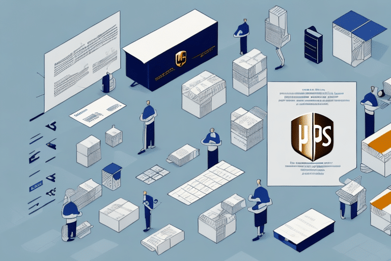 Illustration of people handling packages and documents in a logistics warehouse setting. There are large boxes, pallets, and a prominent HPS logo on the wall, alongside familiar Schedule B Units. The scene captures organized coordination of shipping tasks with the help of UPS WorldShip integration.