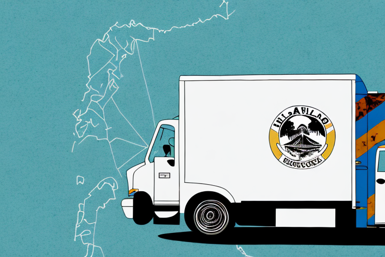 Illustration of a delivery truck with a logo featuring a bridge and golden gate, labeled Puente Golden Gate. The background displays an outlined map of the Americas in white against a blue backdrop, hinting at connections as far-reaching as El Salvador and beyond.