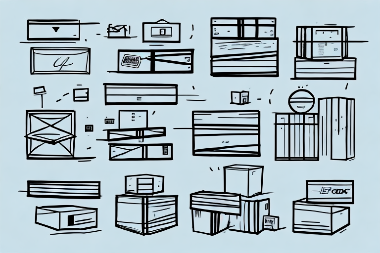 Various sizes and shapes of shipping packages with different labels and designs are arranged against a light blue background. Some packages have symbols and barcodes, while others bear handwritten markings and packaging tape, adhering to UPS size limits.