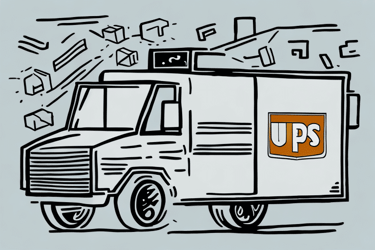 Illustration of a UPS delivery truck driving forward, with packages flying around it. The truck, marked with the UPS WorldShip logo on its side, navigates a simple sketch pattern background. Amidst the chaos of parcels, dont forget to specify signature for secure deliveries!.