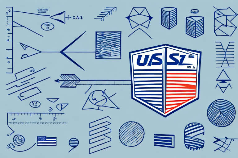 Abstract illustration with a shield-shaped logo featuring USSZ in blue and red stripes. Surrounding the logo are various geometric shapes that hint at USPS package size limits, alongside symbols and sketch-like designs on a light blue background.