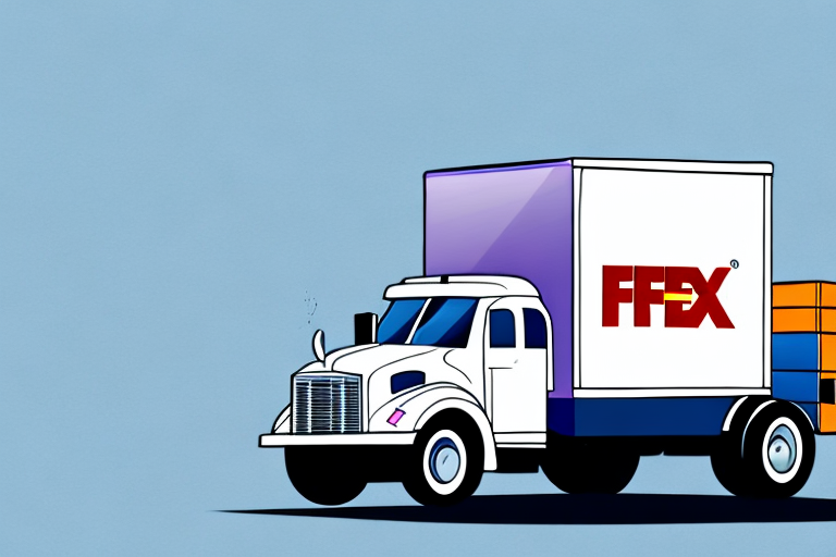 Illustration of a white truck with a purple and orange cabin, featuring the FFEX logo on its side, reminiscent of FedExs efficient process. The truck is set against a light blue background, carrying neatly stacked orange boxes.