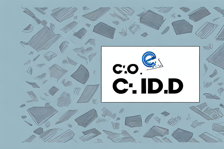 Abstract illustration with floating geometric shapes against a light blue background. A central white rectangle features stylized text: C.O.D and C:ID.D with a blue swirling logo above, reminiscent of a UPS C.O.D. Fee statement.