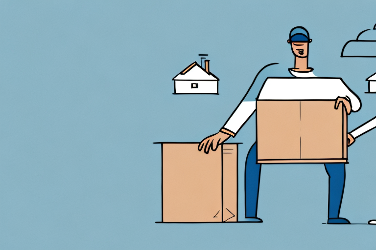 Illustration of a person wearing a blue cap, holding a large cardboard box, reminiscent of a UPS delivery attempt. Another box is on the floor nearby, and a house icon floats above, suggesting moving or what to do if you miss a delivery. The background is a solid light blue.