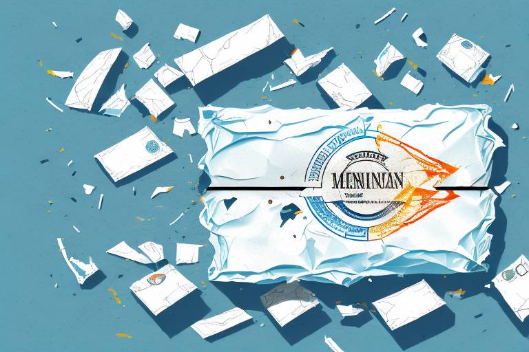 An illustrated image of Meniwan cheese with packaging reminiscent of a UPS package damaged in transit, revealing a split label adorned with intricate design elements and typography. Fragmented pieces surround the packaging on a blue background.