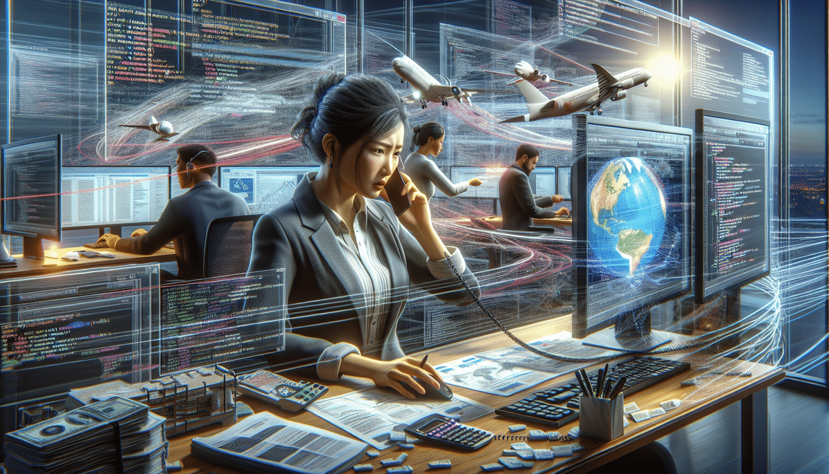 A woman in an office is intently focused on her computer, discussing an update on the phone. Multiple monitors display code and flight paths, while a globe and airplanes behind her hint at UPS WorldShip Software and global communication.
