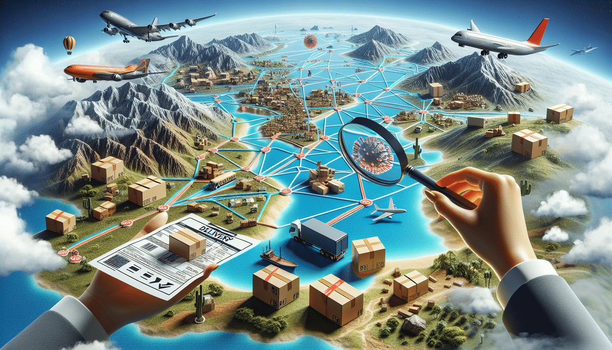 A conceptual illustration of global logistics featuring UPS airplanes, ships, and packages over a networked world map. Hands hold a magnifying glass examining a virus symbol and a document labeled Data, highlighting challenges like remote locations and extended area surcharges.