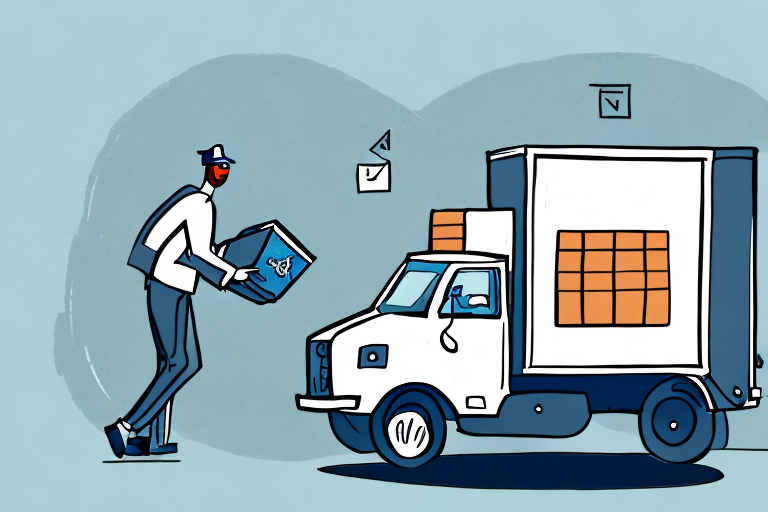 Illustration of a person in a cap delivering a package to a truck, capturing the essence of UPS SurePost. Envelopes flap around whimsically like mail. The background is light blue, and the truck boasts white with orange and blue details.