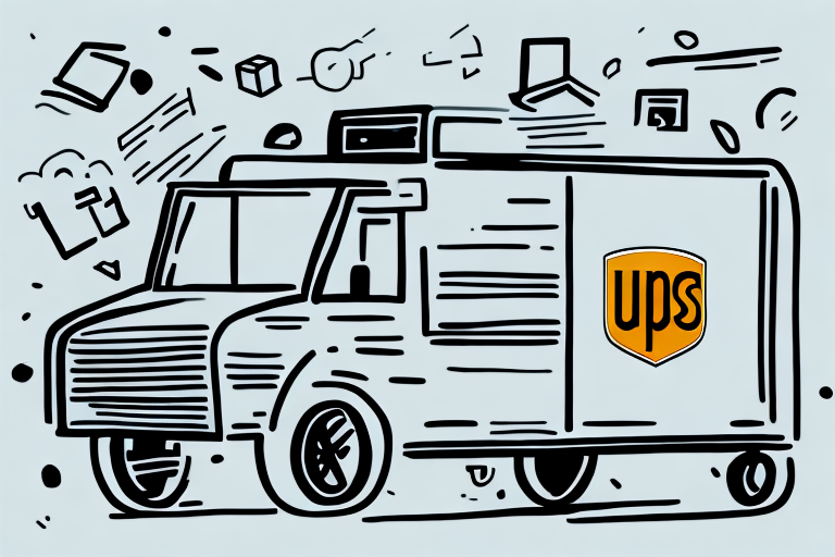 Illustrated UPS delivery truck with packages and various postal symbols surrounding it, conveying a sense of movement and delivery. The UPS logo is prominently displayed on the side of the truck, hinting at precision guided by internal tools like Excel for efficient service.