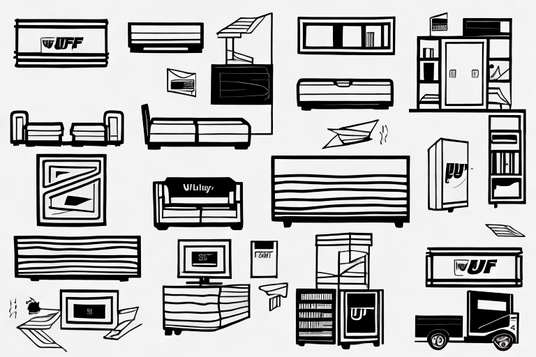 A black and white illustration showcases various furniture pieces like beds, sofas, shelves, and cabinets, alongside a computer, paper airplane, and a truck. Each item is stylized with unique geometric patterns and outlines, creating a comprehensive guide to modern design aesthetics.