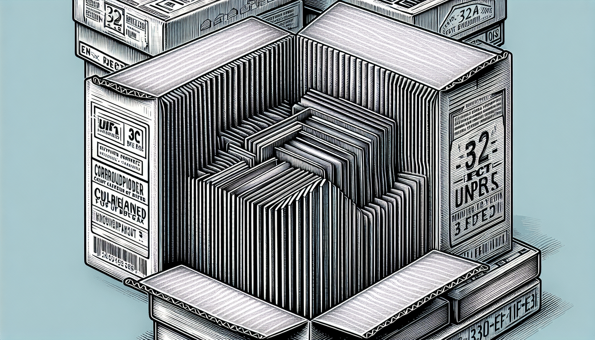 Illustration of an open corrugated box containing neatly arranged rows of vinyl records, with vibrant, intricate labels visible. The box rests against a blue background, and the records are drawn with detailed, parallel lines. The sturdy 32 ECT rating ensures the contents are well-protected.